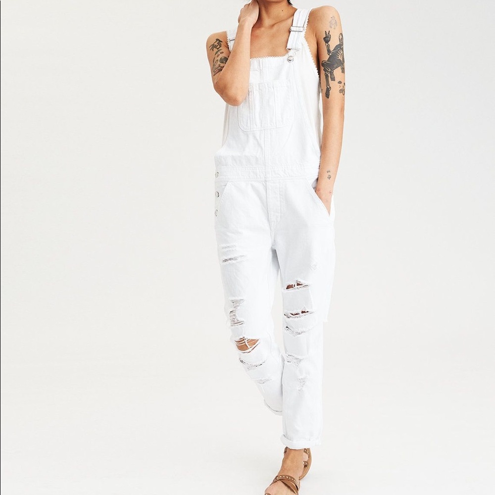 American Eagle ripped white overalls size small